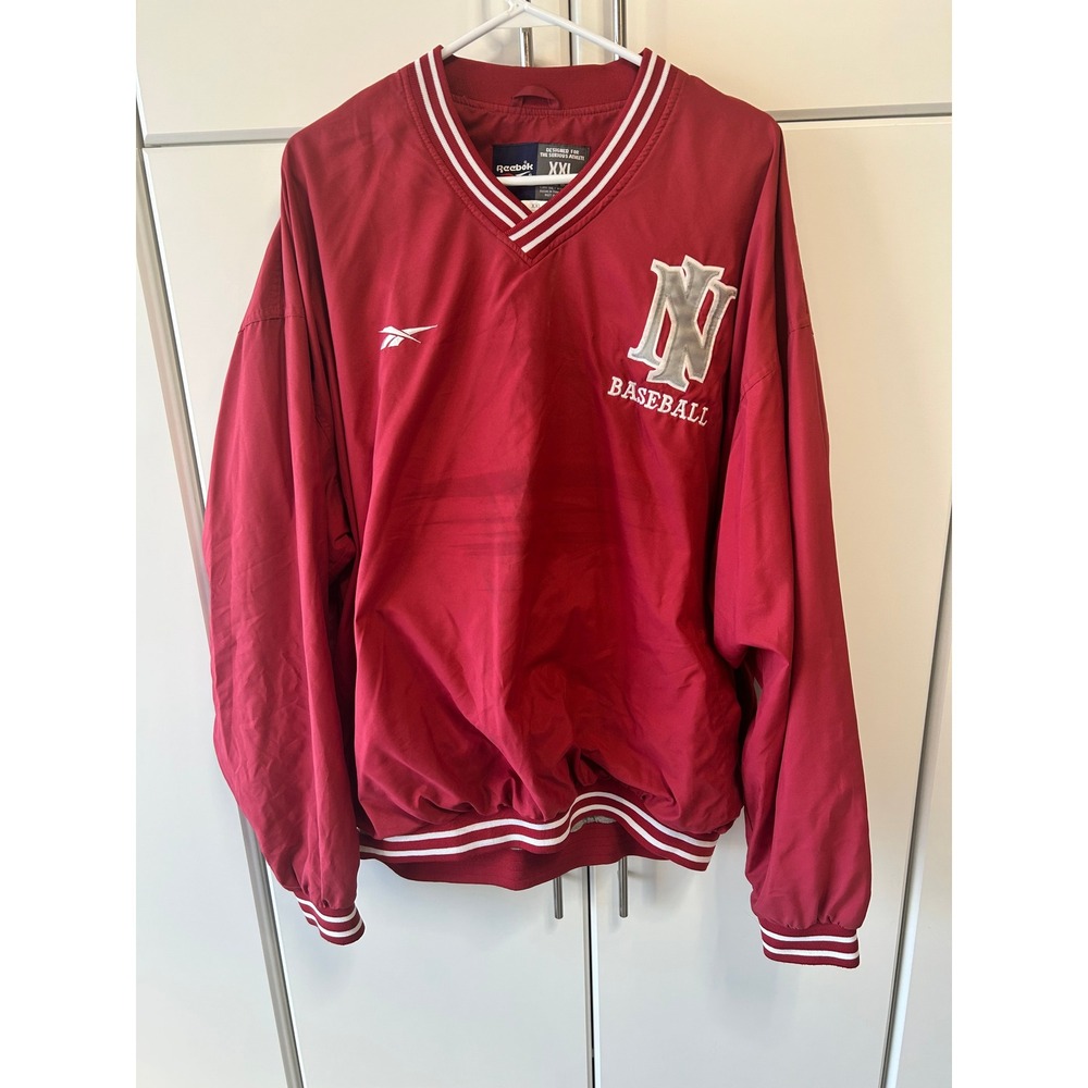 Reebok Vintage‎ NY Baseball Pullover Windbreaker Red XXL V Neck Striped Trim